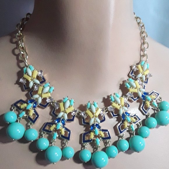TALBOTS Mixed Media Aqua Dangle Necklace w Crystals - Picture 1 of 5